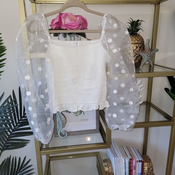 NWOT White Polka Dot Organza Statement Organza/Sheer Long Sleeve Top Size Large - Picture 3 of 5